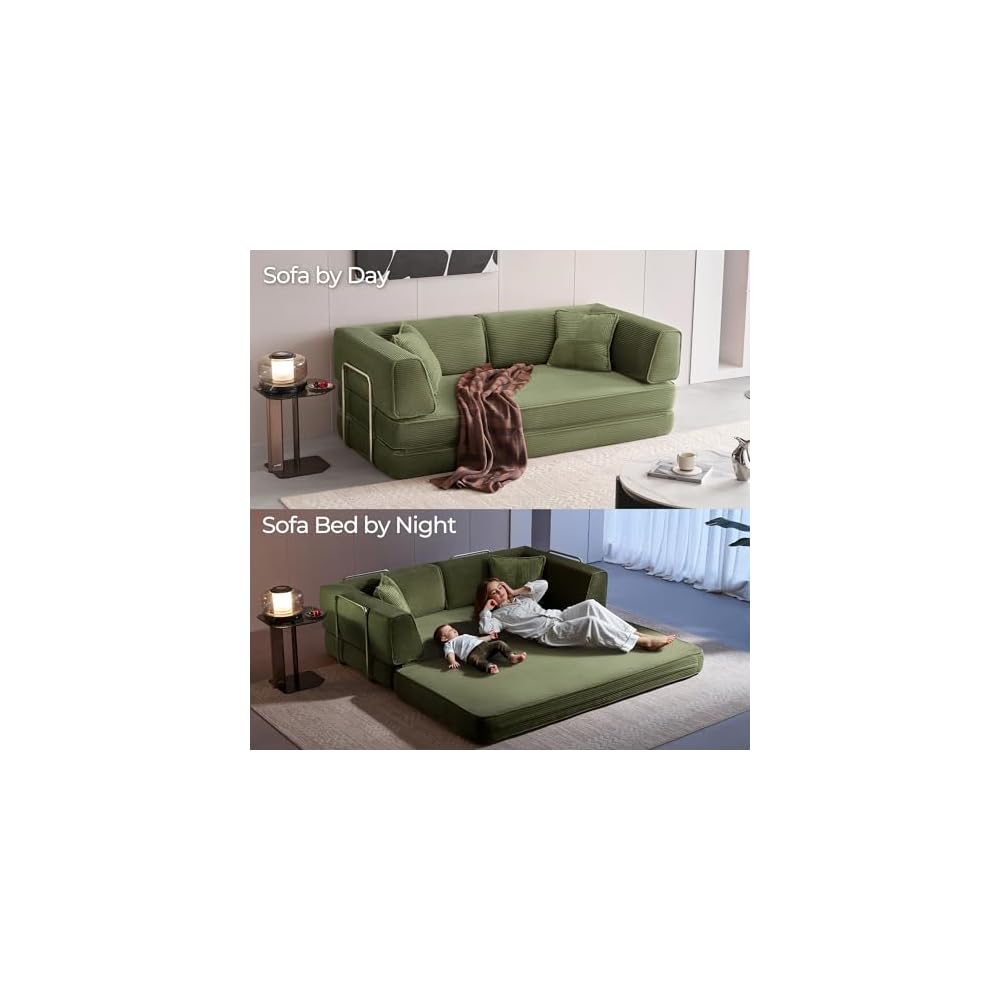 79" Convertible Sofa Bed, 4-in-1 Corduroy Boneless Couches for Living Room, Folding Queen Size Futon, Floor Mattress Loveseat Sofa Bedroom Apartment Lounge, 2 Pillows, Green