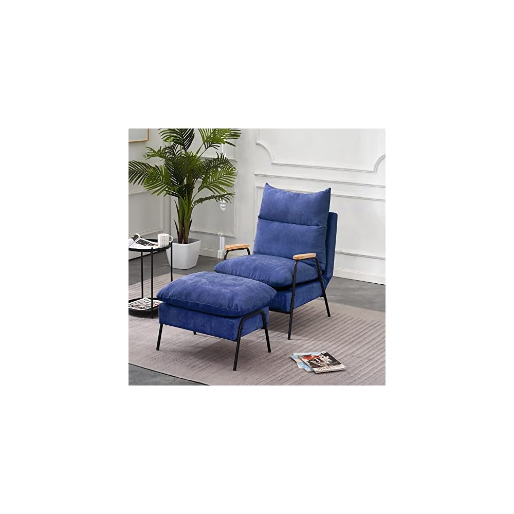 Accent Recliner Chair with Ottoman, Modern Fabric Armchair, Upholstered Sofa Bed for Living Room Bedroom, Small Space 4055 (Black Frame, Blue)