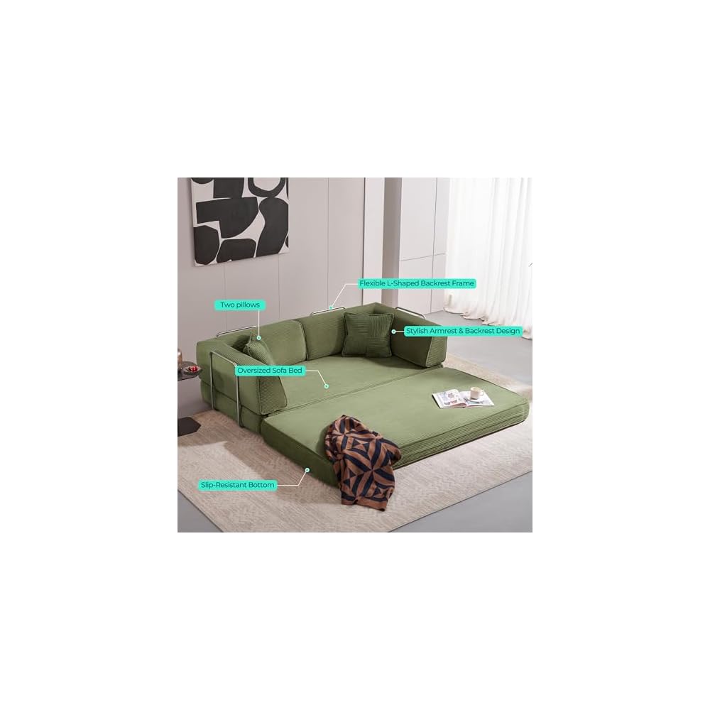 79" Convertible Sofa Bed, 4-in-1 Corduroy Boneless Couches for Living Room, Folding Queen Size Futon, Floor Mattress Loveseat Sofa Bedroom Apartment Lounge, 2 Pillows, Green