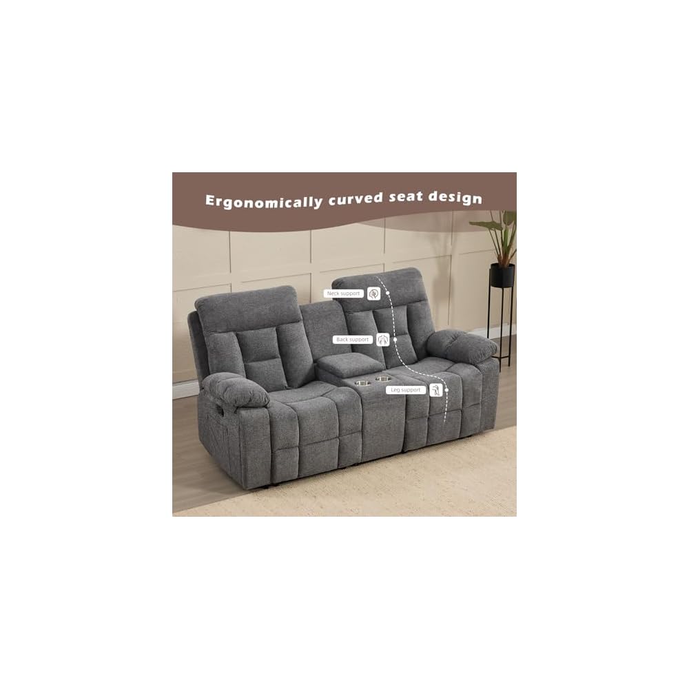 Loveseat Recliner, Manual Recliner Sofa Chair for Living Room, Reclining Sofa with Storage Console,Hidden Cup Holders, 2 Seat, Grey