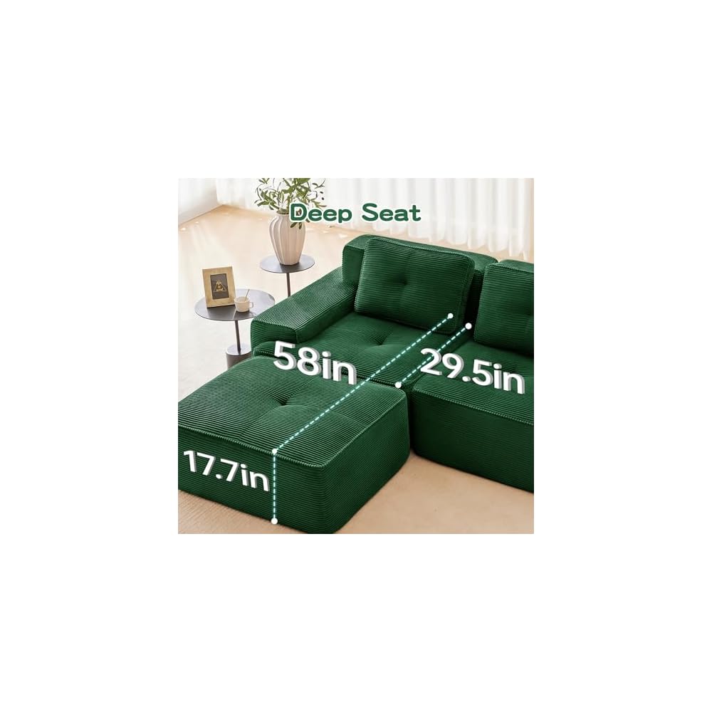 Boneless Couch Modular Sectional Sofa 82" Loveseat, Modern Cloud Couch with Deep Seat, Corduroy L Shaped Sectional Couches for Living Room, Tufted Floor Sofa with Anti-Slip, No Assembly, Green