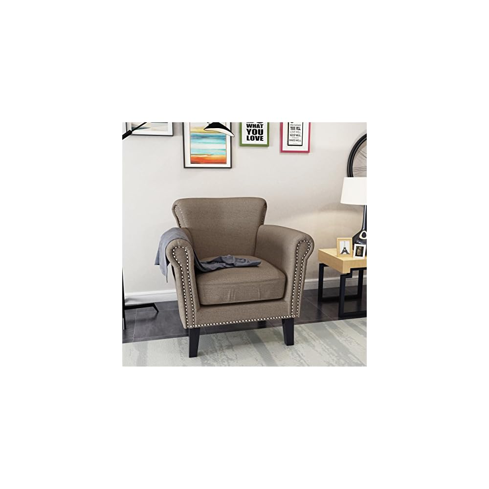 Brice Vintage Scroll Arm Studded Fabric Club Chair, Navy Blue / Dark Brown 31D x 29.5W x 31.5H in