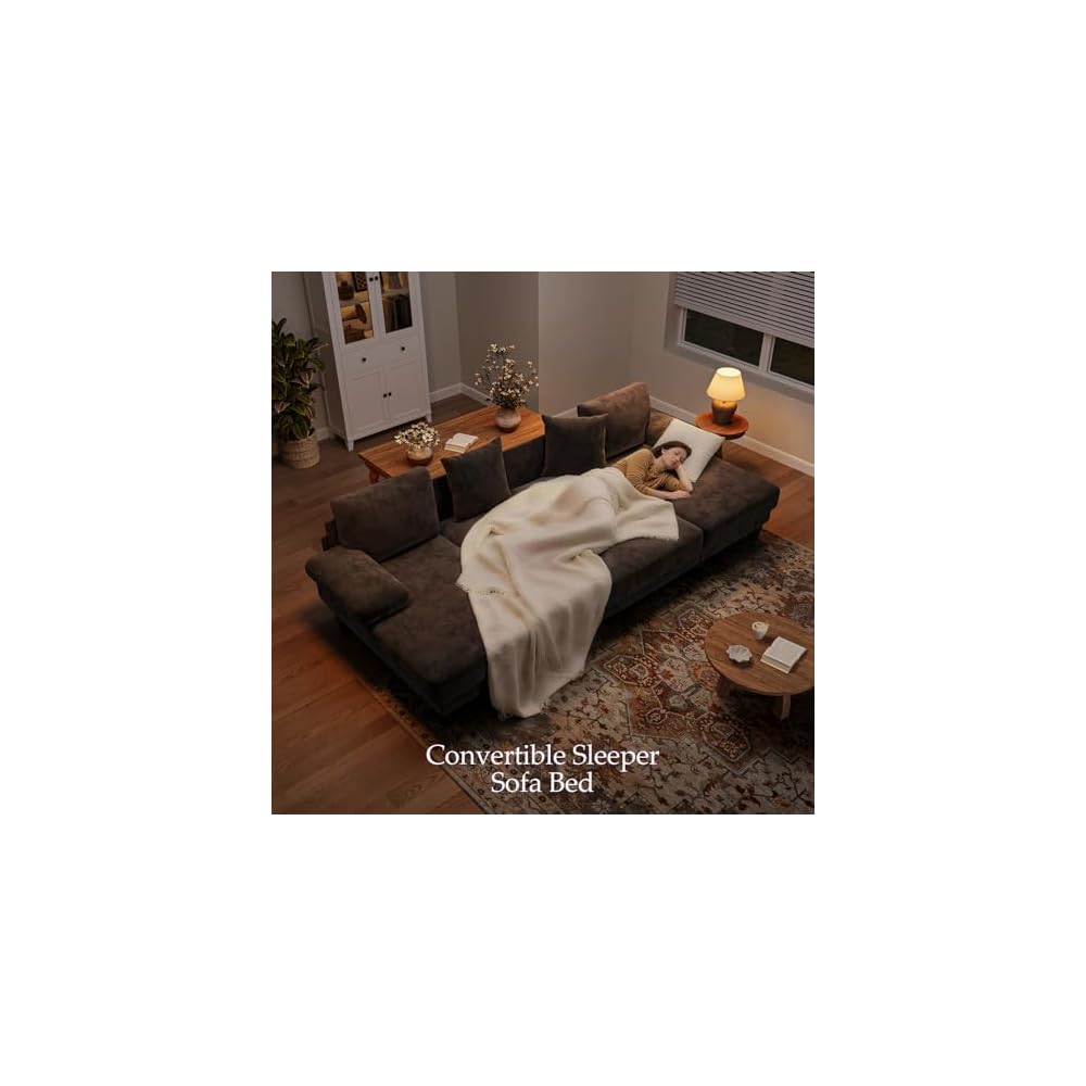 Sleeper Sofa with Pull Out Couch Bed | 112 Inch Couches for Living Room | U-Shaped Convertible Sofa Bed | Chenille Brown
