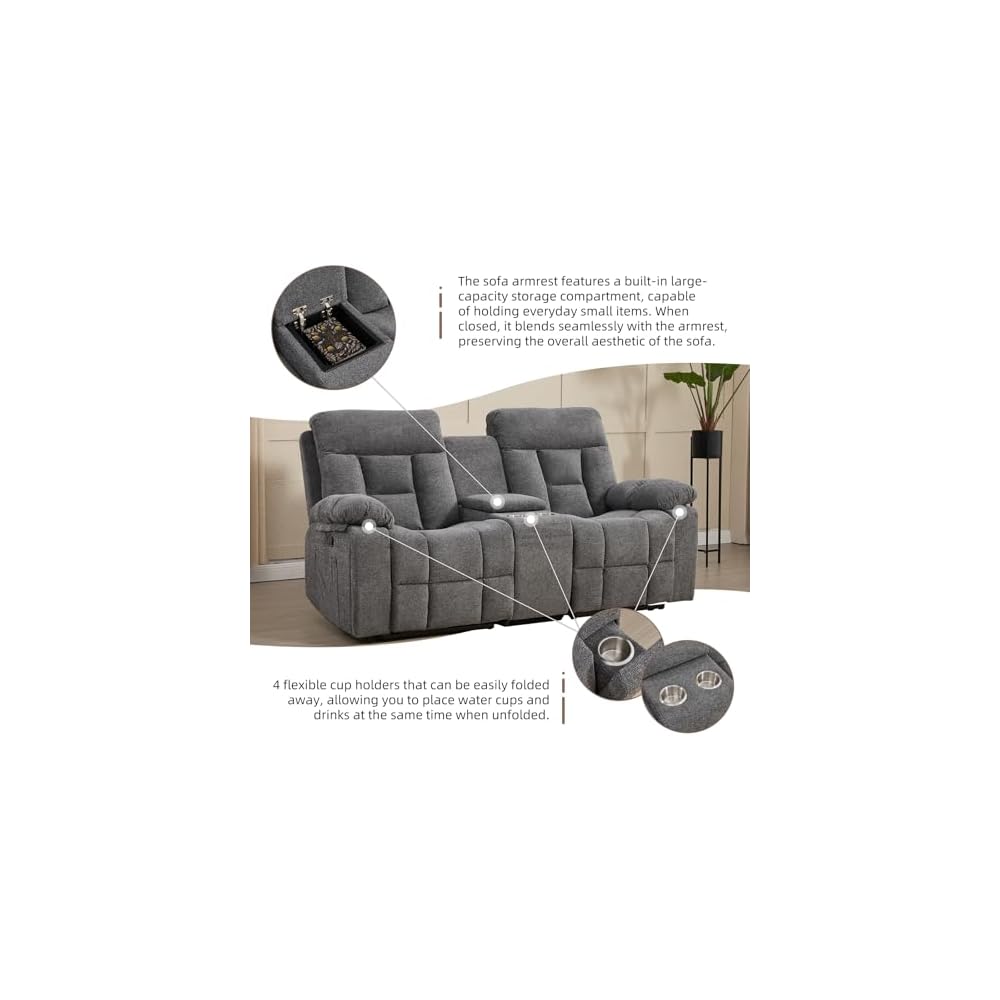 Loveseat Recliner, Manual Recliner Sofa Chair for Living Room, Reclining Sofa with Storage Console,Hidden Cup Holders, 2 Seat, Grey