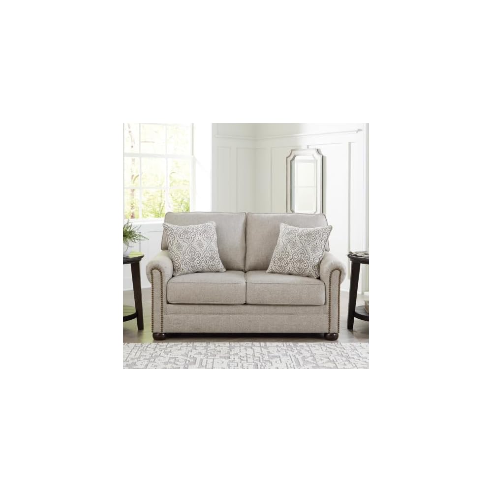 Gaelon Beige Chenille Loveseat, Nailhead Trim