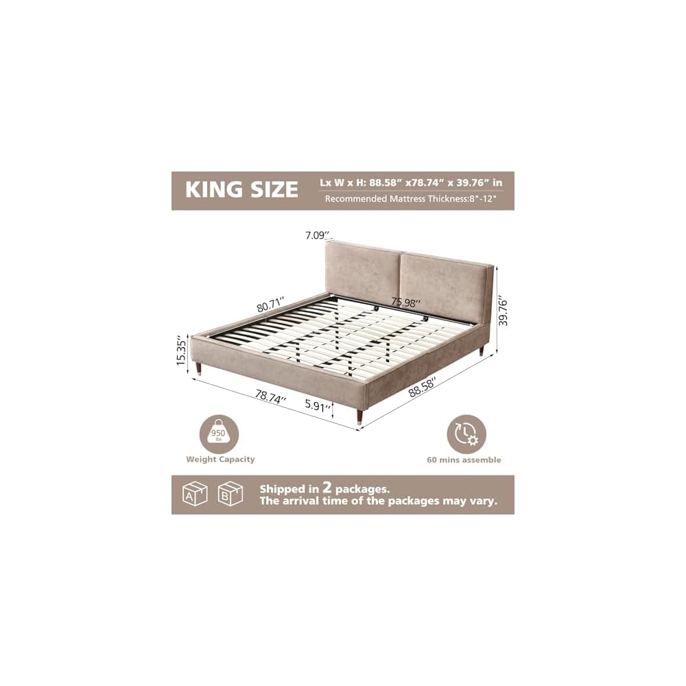 Luxury King Size Upholstered Platform Bed Frame with 7" Thick Padded Headboard, Plush Velvet-Like Fabric, 45 Wooden Slats Support, Wood-Look Legs, No Box Spring Needed, Beige