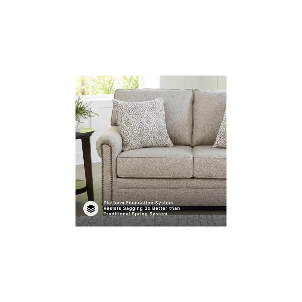 Gaelon Beige Chenille Loveseat, Nailhead Trim