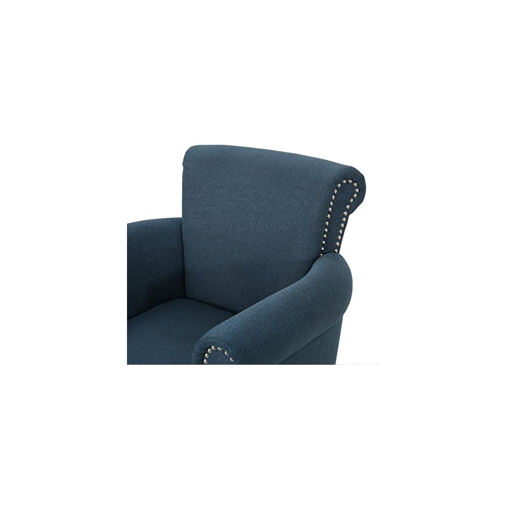 Brice Vintage Scroll Arm Studded Fabric Club Chair, Navy Blue / Dark Brown 31D x 29.5W x 31.5H in