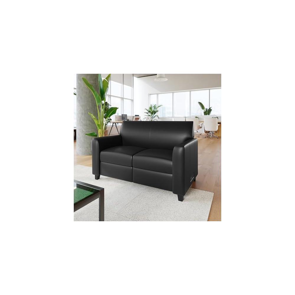 LeatherSoft Reception Loveseat with Charging Station, Black