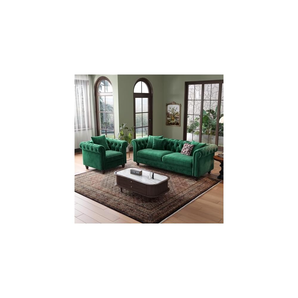 82 Inch Chesterfield Sofa, 23 Inch Deep Seat Velvet Couch for Living Room, Button Tufted Couch with Rolled Arms, 2 Throw Pillows, Comfy Vintage Loveseat Sofa for Apartment, Green