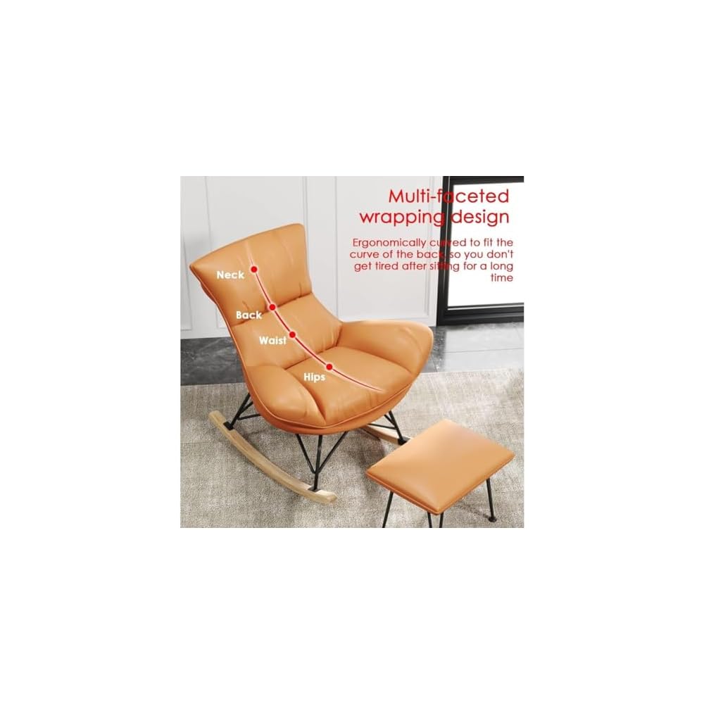 Living Room Sofa Rocking Chair Recliner,Leisure Rocking Chair, Soft Rocking Chair with Footstool,Comfy Upholstered Rocking Chair,Glider Rocker(Orange+White)