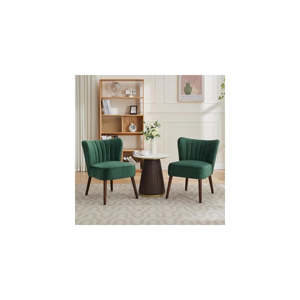 Modern Accent Chair, Padded Velvet Chair with Solid Wood Legs, Load Capacity 136 kg, Comfortable Lounge Chair without Armrests for Living Room, Bedroom, Office - Green