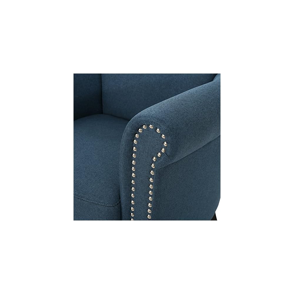 Brice Vintage Scroll Arm Studded Fabric Club Chair, Navy Blue / Dark Brown 31D x 29.5W x 31.5H in