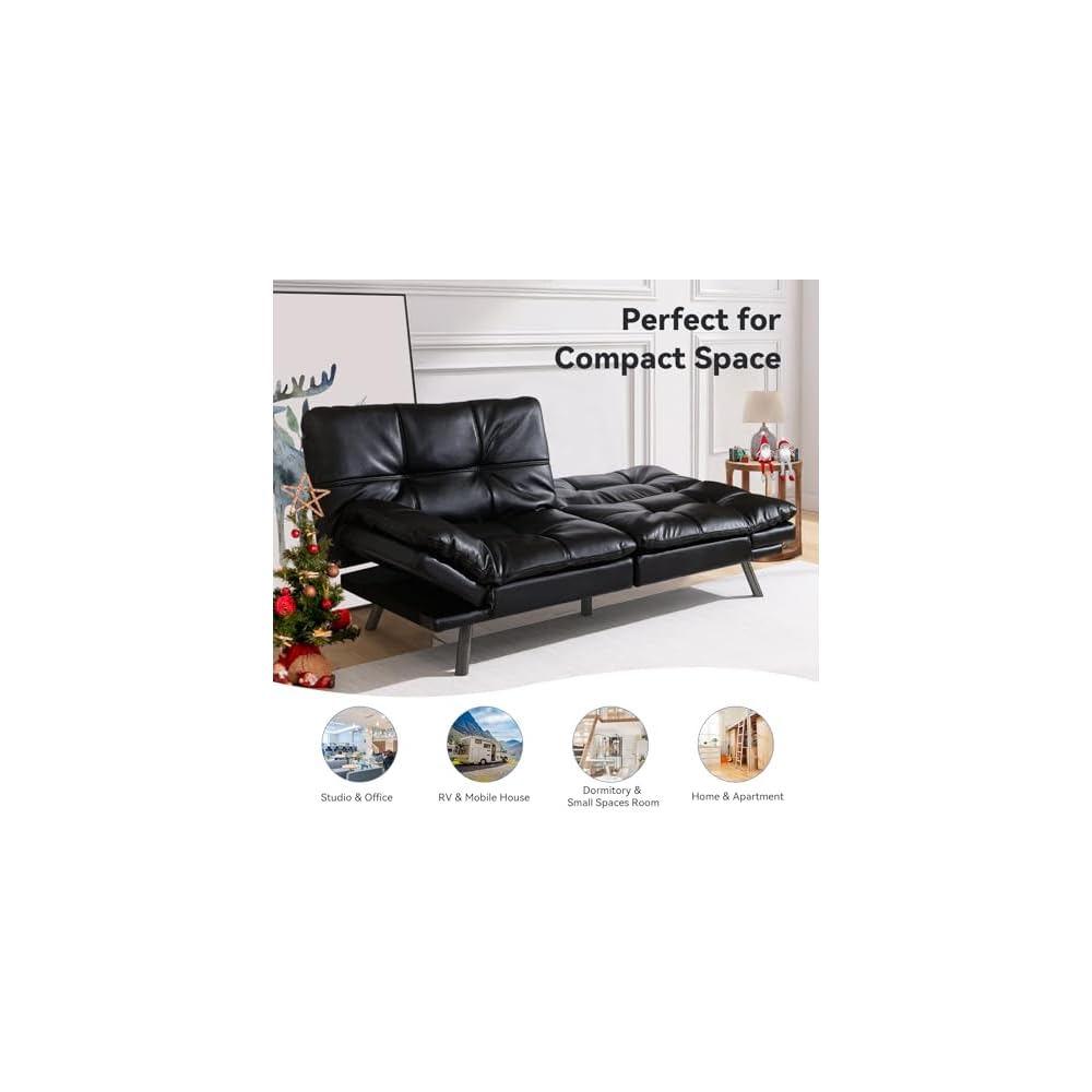 Multifunctional Futon Sofa Bed,Convertible Sleeper Futon Couch,Memory Foam Loveseat Sofa Bed,Small Splitback Faux Leather Modern Sofa for Living Room,Office,Apartment,Light Black