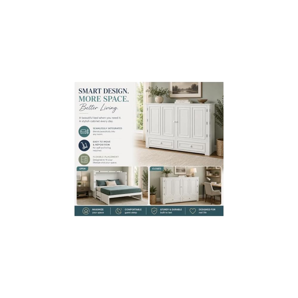 Emurphybed Paradiseo Murphy Cabinet Chest Bed with Charging Station 6 Inch, Queen (White)