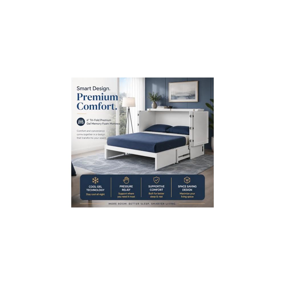 Emurphybed Paradiseo Murphy Cabinet Chest Bed with Charging Station 6 Inch, Queen (White)