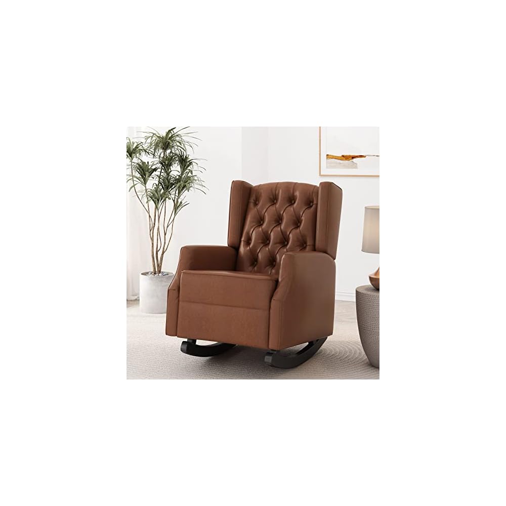 Carey Tufted Wingback Rocking Chair - Faux Leather - Cognac Brown/Dark Brown
