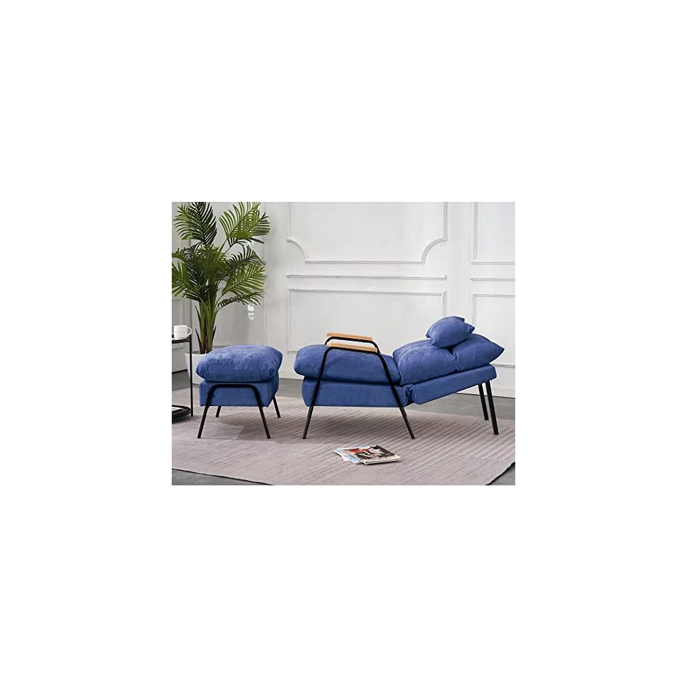 Accent Recliner Chair with Ottoman, Modern Fabric Armchair, Upholstered Sofa Bed for Living Room Bedroom, Small Space 4055 (Black Frame, Blue)