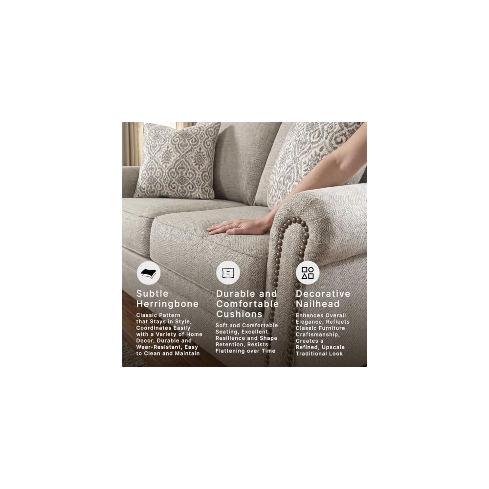 Gaelon Beige Chenille Loveseat, Nailhead Trim