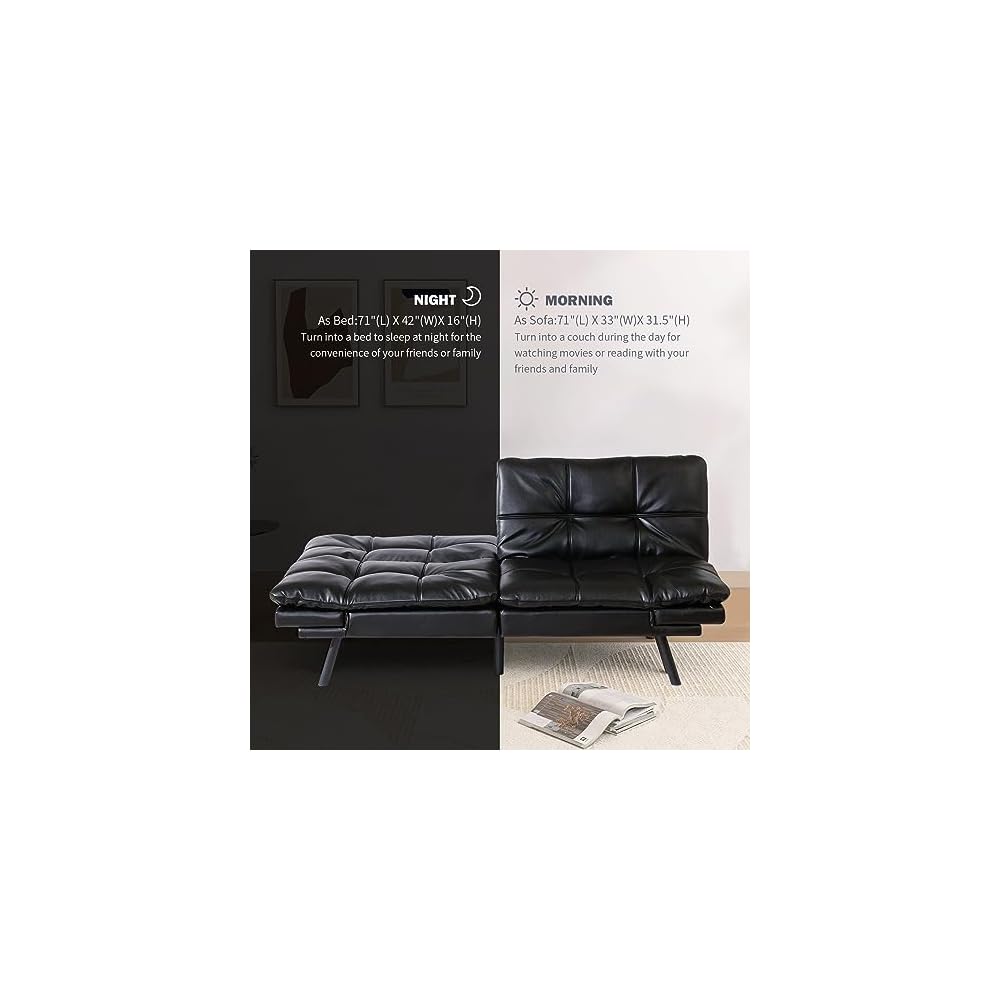 Multifunctional Futon Sofa Bed,Convertible Sleeper Futon Couch,Memory Foam Loveseat Sofa Bed,Small Splitback Faux Leather Modern Sofa for Living Room,Office,Apartment,Light Black