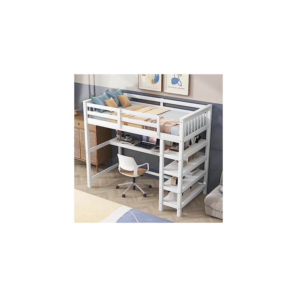 Wood Loft Bed with Desk : Twin Size Loft Bed with 4-Storage Shelves and Under-Bed Desk Solid Wood Bed, White