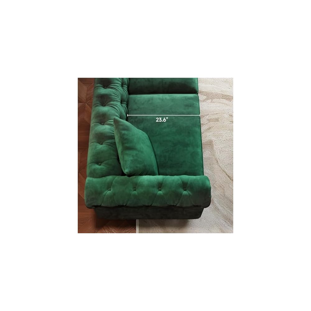 82 Inch Chesterfield Sofa, 23 Inch Deep Seat Velvet Couch for Living Room, Button Tufted Couch with Rolled Arms, 2 Throw Pillows, Comfy Vintage Loveseat Sofa for Apartment, Green