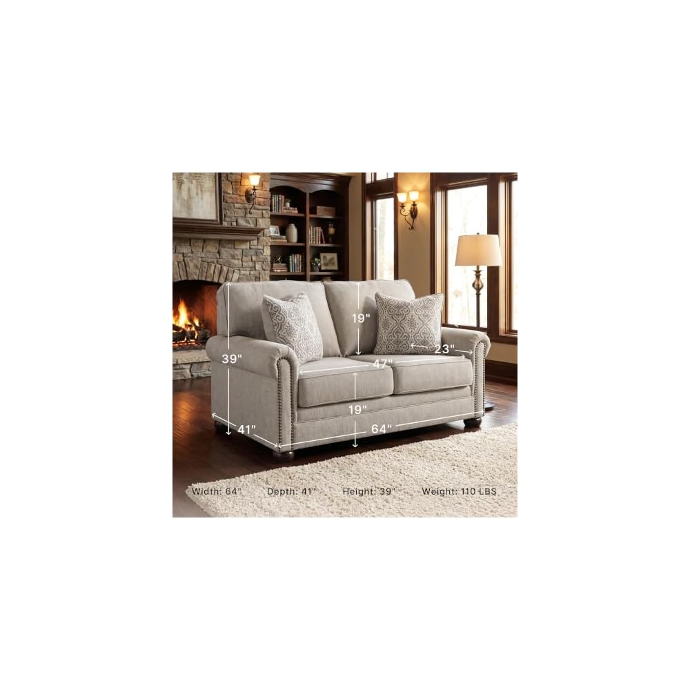 Gaelon Beige Chenille Loveseat, Nailhead Trim