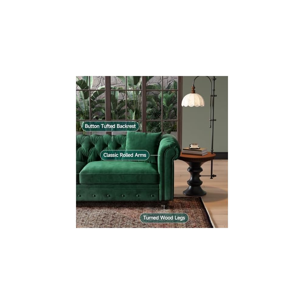 82 Inch Chesterfield Sofa, 23 Inch Deep Seat Velvet Couch for Living Room, Button Tufted Couch with Rolled Arms, 2 Throw Pillows, Comfy Vintage Loveseat Sofa for Apartment, Green