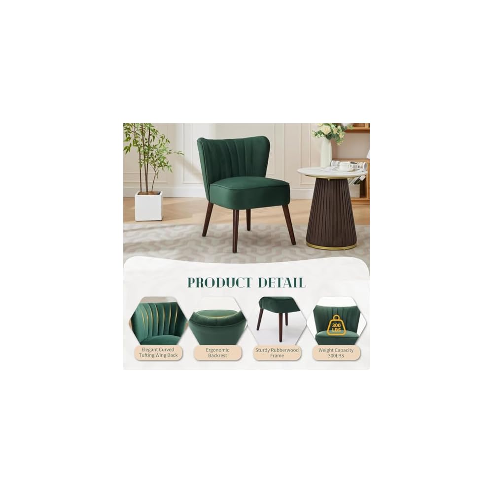 Modern Accent Chair, Padded Velvet Chair with Solid Wood Legs, Load Capacity 136 kg, Comfortable Lounge Chair without Armrests for Living Room, Bedroom, Office - Green