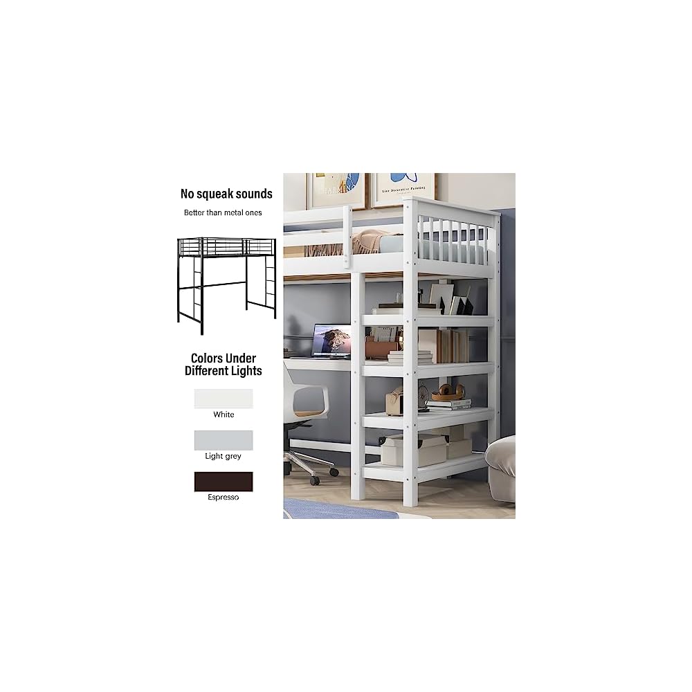 Wood Loft Bed with Desk : Twin Size Loft Bed with 4-Storage Shelves and Under-Bed Desk Solid Wood Bed, White