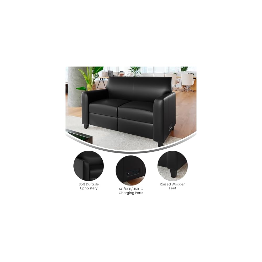 LeatherSoft Reception Loveseat with Charging Station, Black
