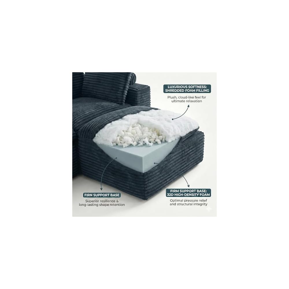 140" Boneless Couch - Modular Cloud Sofa Sectional with 2 Ottomans, Deep Seat Memory Foam Boneless Sofa, Fuzzy Corduroy L Shaped Couch for Living Room (No Assembly)