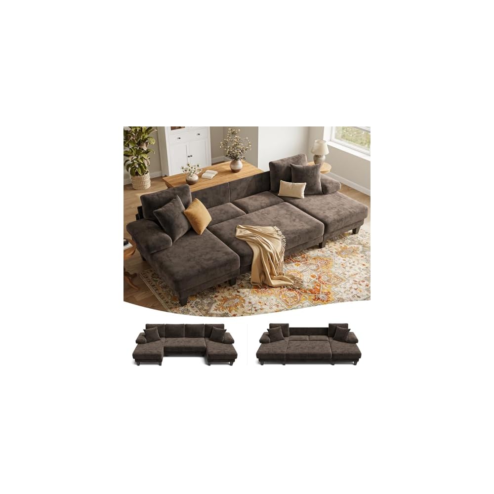 Sleeper Sofa with Pull Out Couch Bed | 112 Inch Couches for Living Room | U-Shaped Convertible Sofa Bed | Chenille Brown