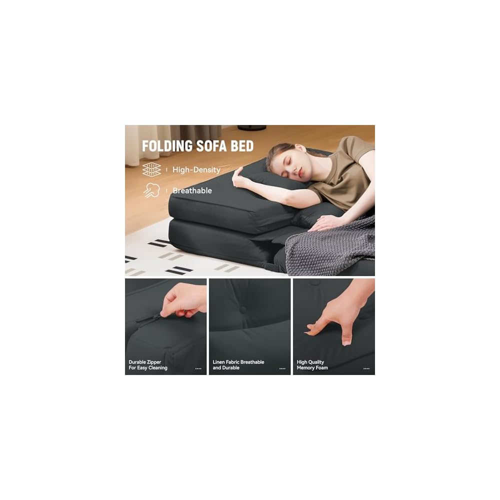 Folding Sofa Bed, Convertible Floor Sofa with Pillows, Fabric Floor Couch & Memory Foam Foldable Mattress with Washable Cover for Living Room, Guest Room, Dorm (Black)