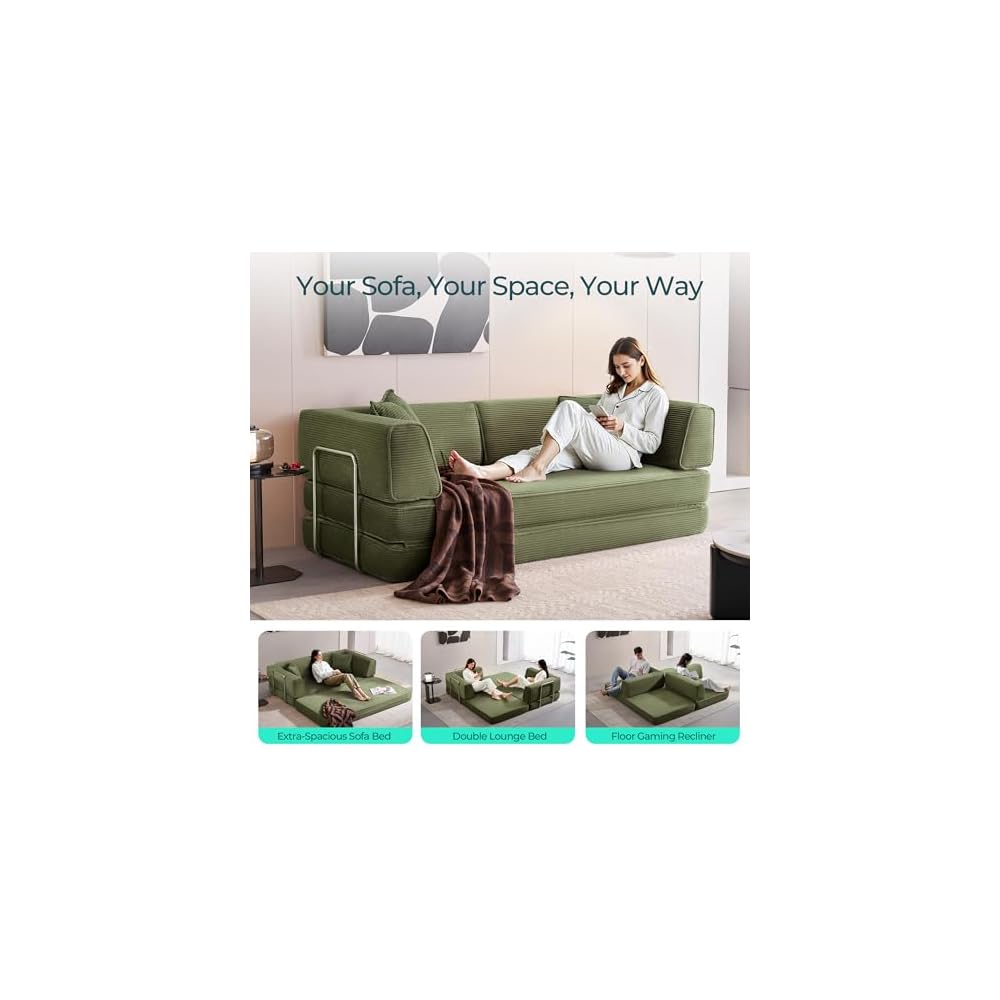 79" Convertible Futon Sofa Bed, Boneless Couch, Corduroy, Green