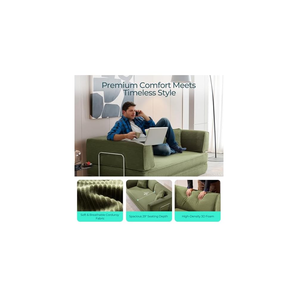 79" Convertible Sofa Bed, 4-in-1 Corduroy Boneless Couches for Living Room, Folding Queen Size Futon, Floor Mattress Loveseat Sofa Bedroom Apartment Lounge, 2 Pillows, Green