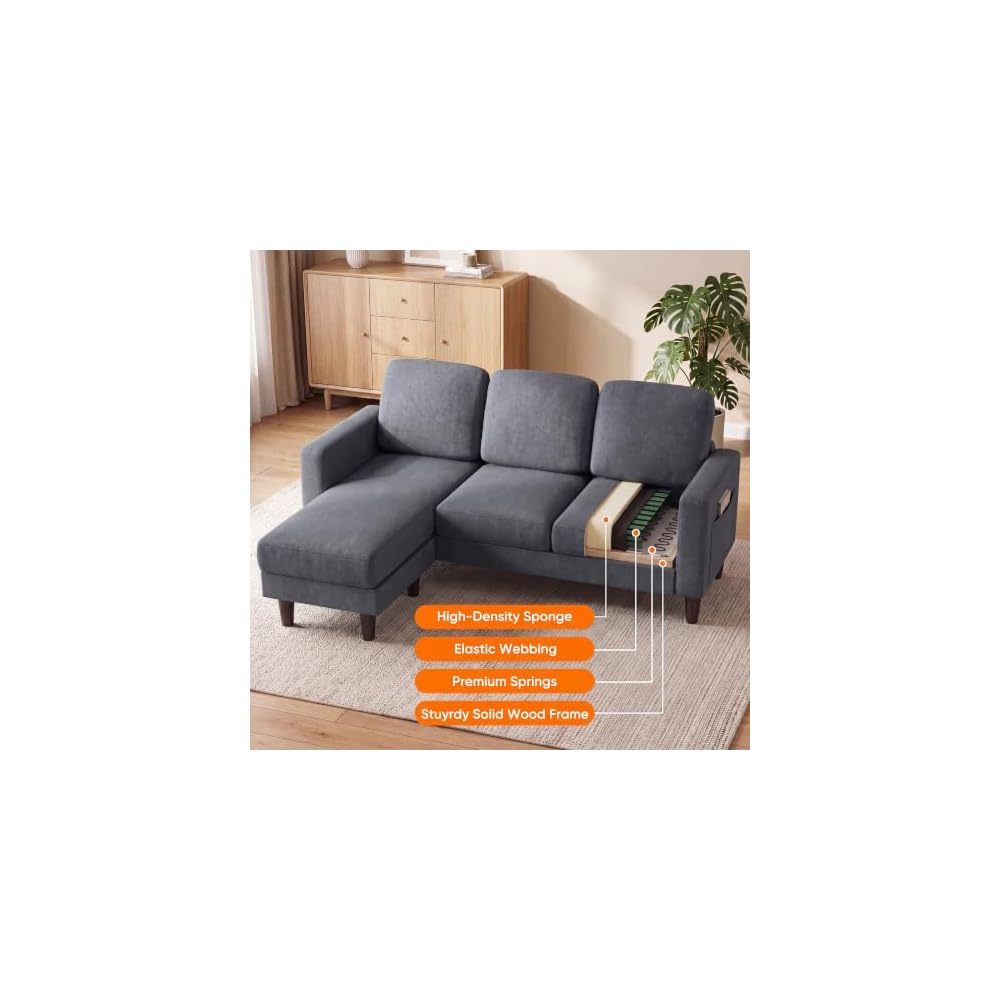 L Shaped Small Couch, Reversible Chaise Sofa with Movable Ottoman & Side Pockets, Linen Fabric Sofa for Apartment Small Space Living Room (Linen Dark Gray)