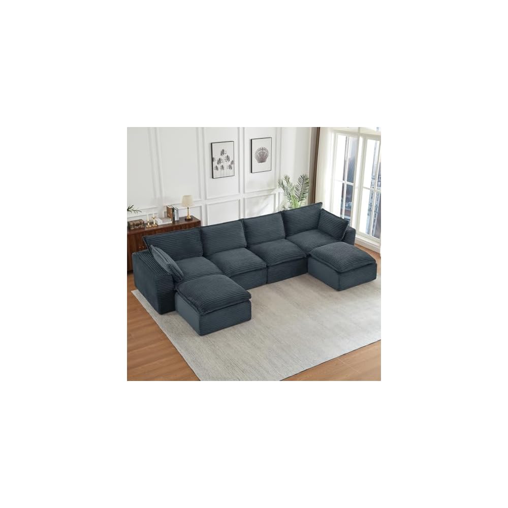 140" Boneless Couch - Modular Cloud Sofa Sectional with 2 Ottomans, Deep Seat Memory Foam Boneless Sofa, Fuzzy Corduroy L Shaped Couch for Living Room (No Assembly)