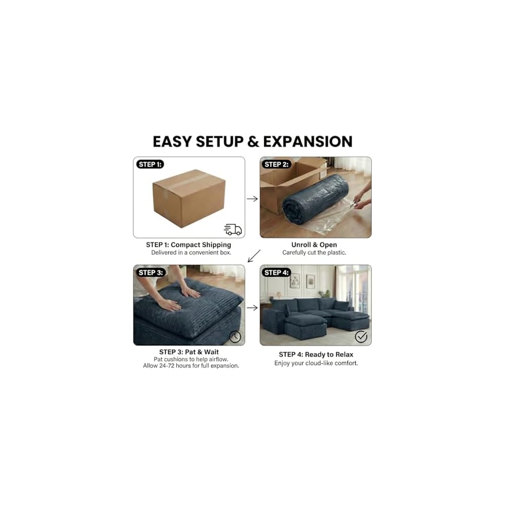 140" Boneless Couch - Modular Cloud Sofa Sectional with 2 Ottomans, Deep Seat Memory Foam Boneless Sofa, Fuzzy Corduroy L Shaped Couch for Living Room (No Assembly)