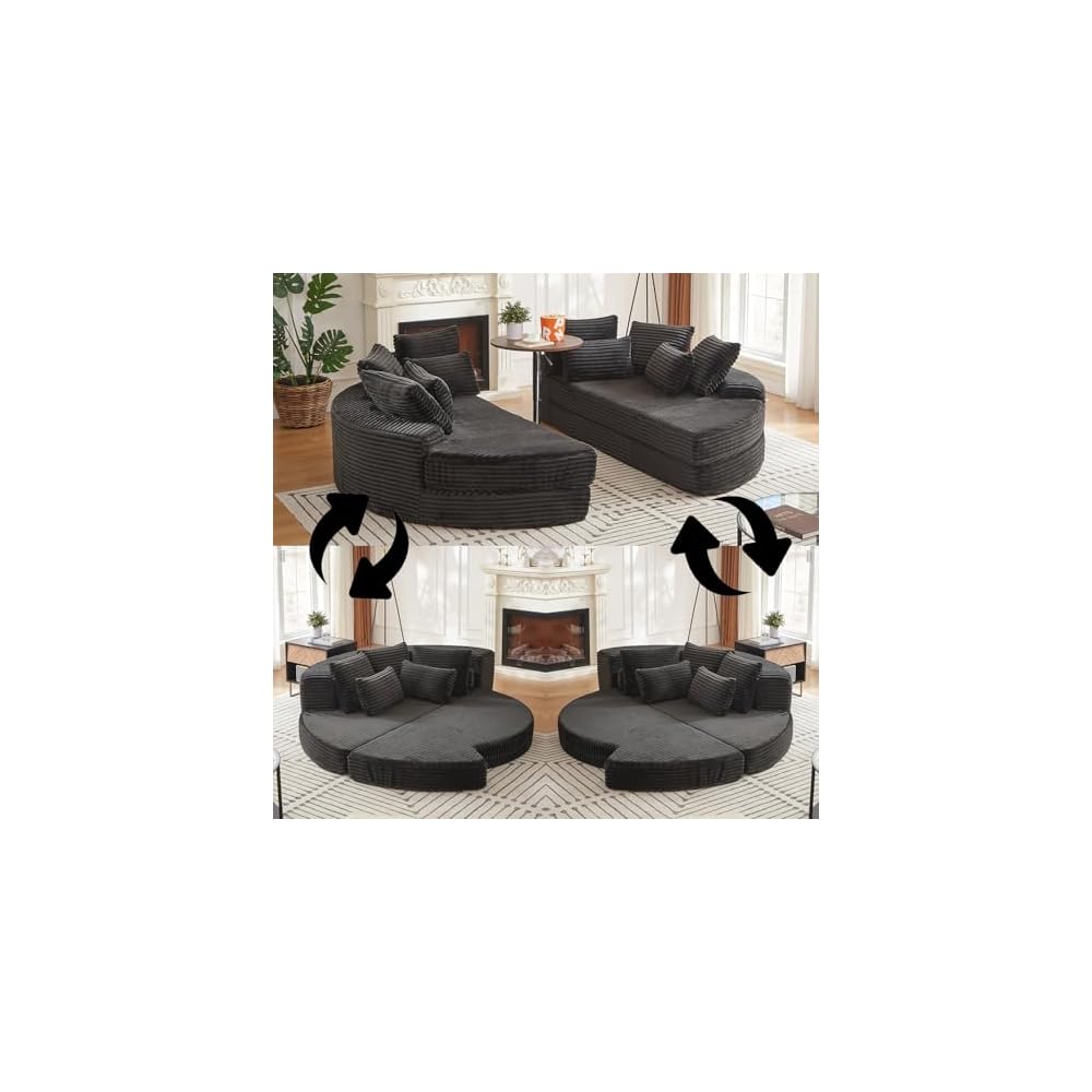 78.5" Oversized Round Sofa Chaise Daybed Plush Corduroy Boneless Cloud Couch Recliner Sleeper Sofabed with 10 Pillows & Headrests, Compressed Loveseat Foam Chaise