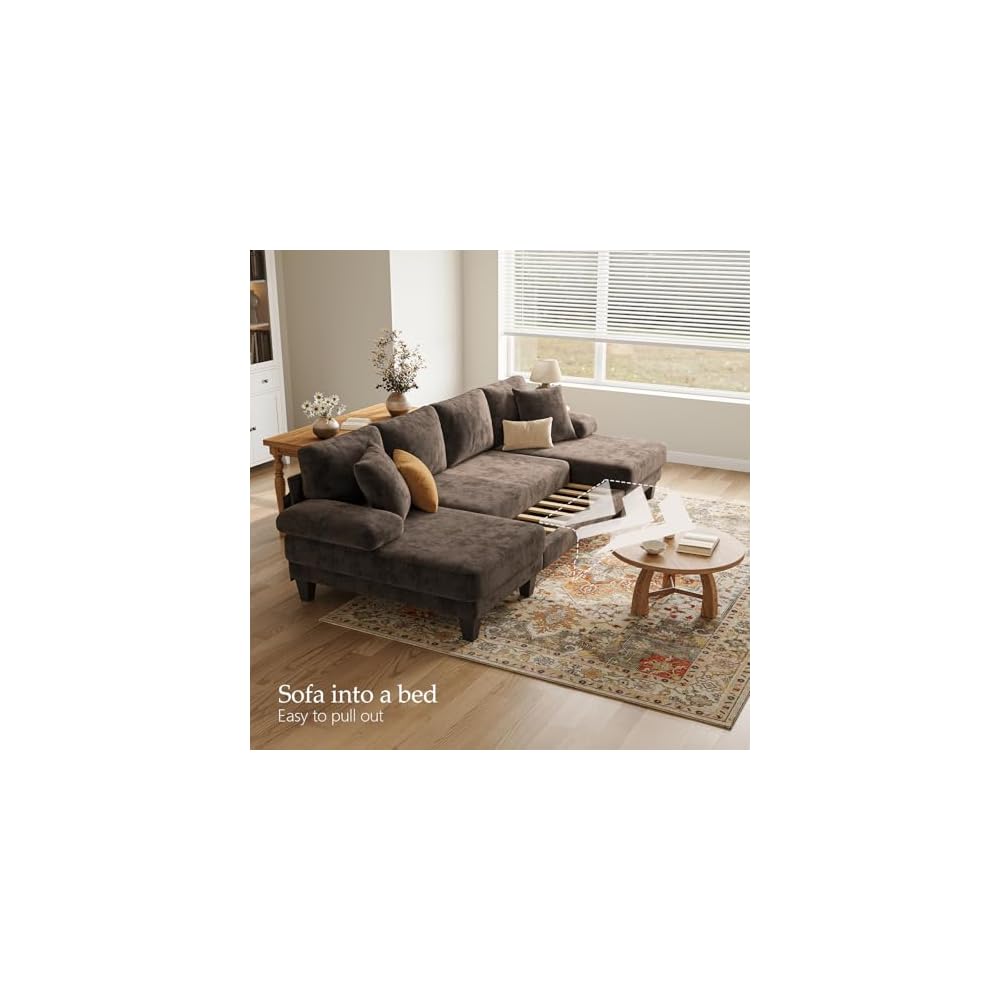 Sleeper Sofa with Pull Out Couch Bed | 112 Inch Couches for Living Room | U-Shaped Convertible Sofa Bed | Chenille Brown