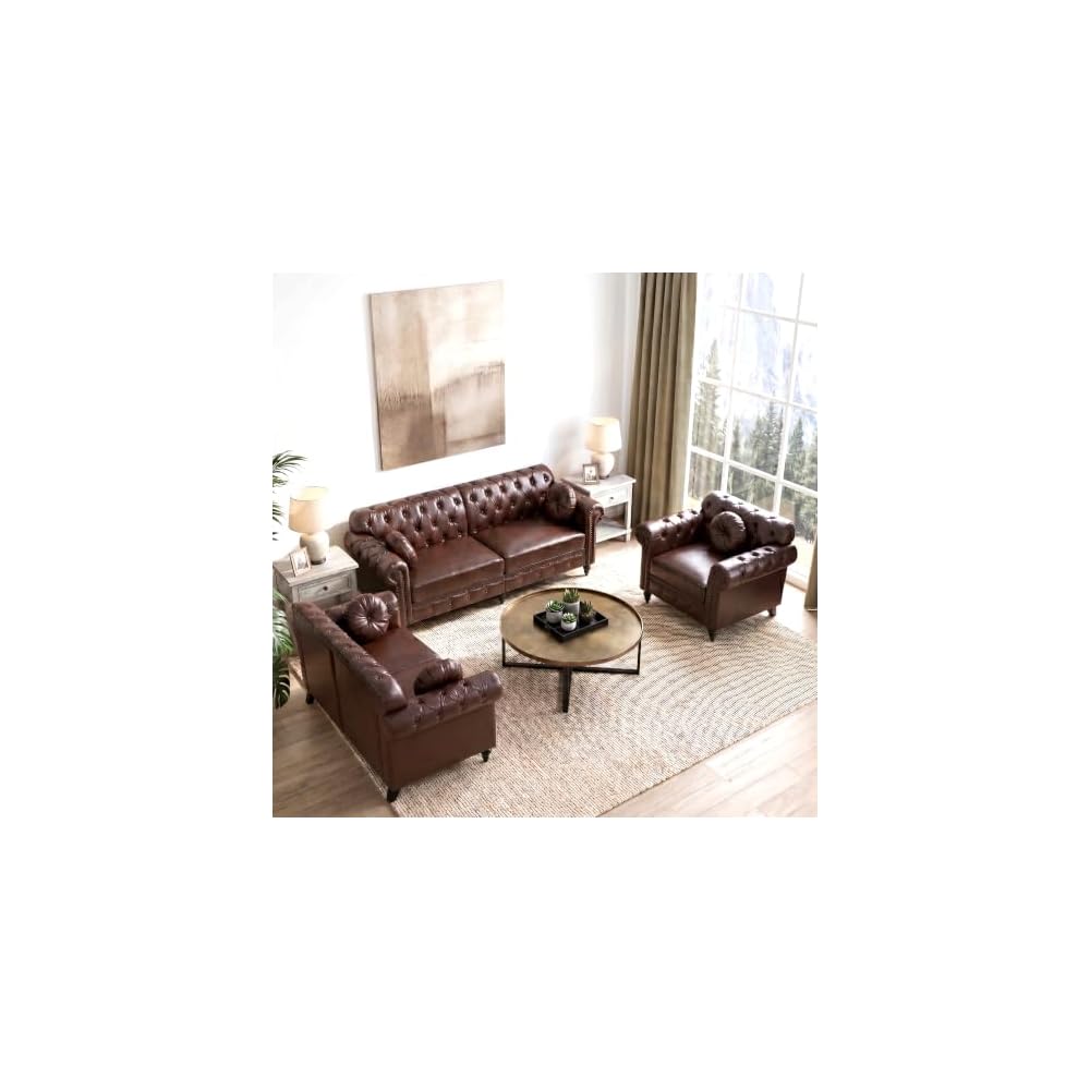 Faux Leather Chesterfield Loveseat, Mid Century Modern Classic Sofa