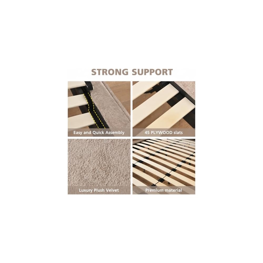Luxury King Size Upholstered Platform Bed Frame with 7" Thick Padded Headboard, Plush Velvet-Like Fabric, 45 Wooden Slats Support, Wood-Look Legs, No Box Spring Needed, Beige