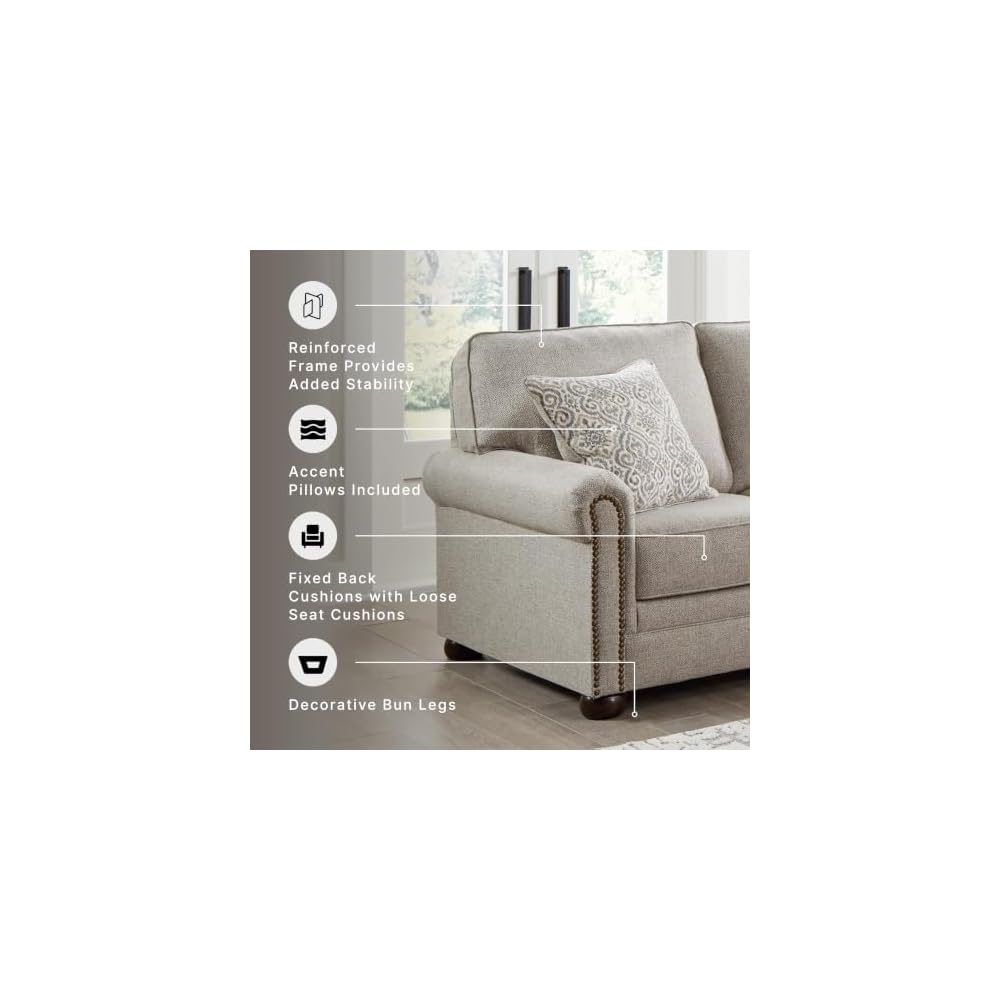 Gaelon Beige Chenille Loveseat, Nailhead Trim