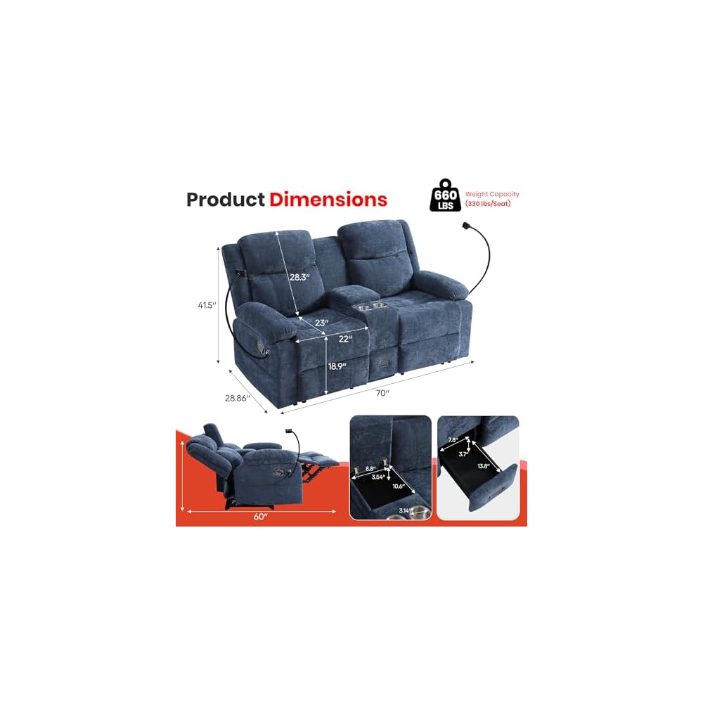 Manual Reclining Loveseat Sofa with Phone Holder, USB & Type-C Ports, Cup Holders, Flip Storage Console & Drawer, Wall Hugger Chenille Fabric Recliner Couch for Living Room, RV, Small Apartment Blue