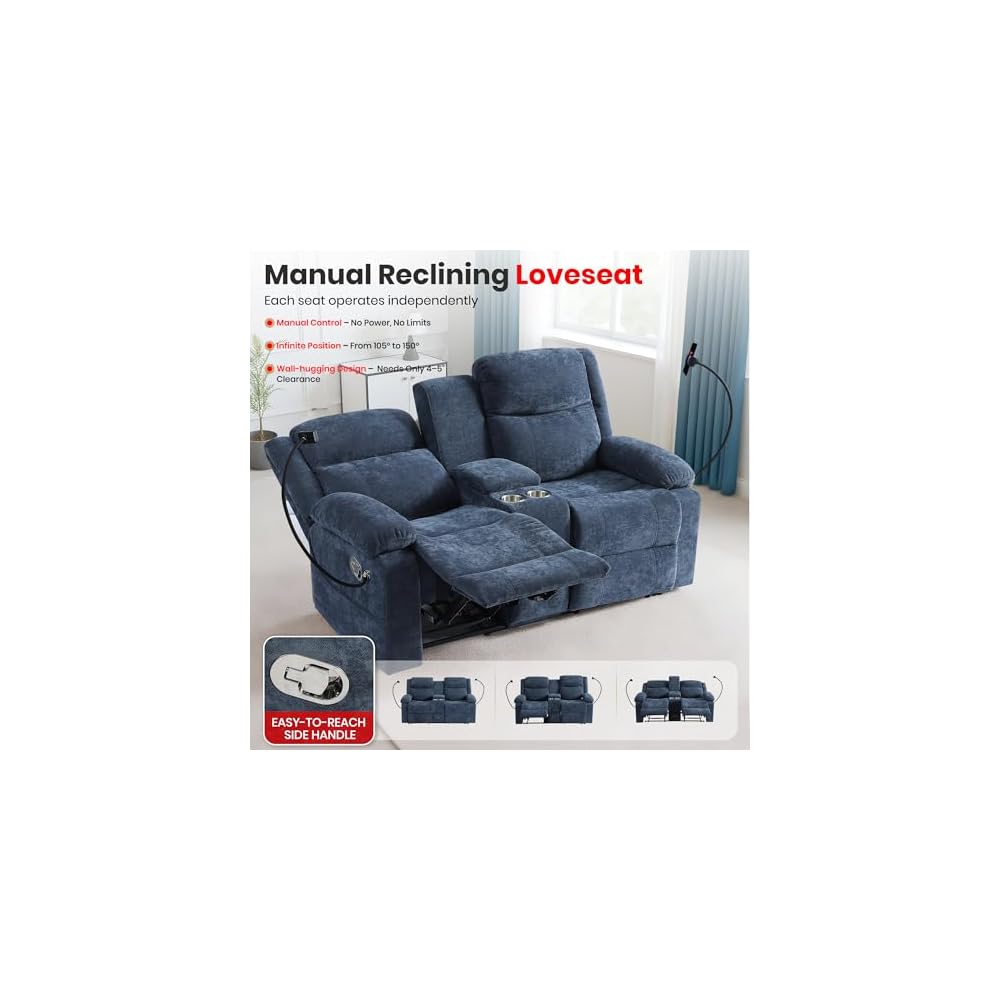 Manual Reclining Loveseat Sofa with Phone Holder, USB & Type-C Ports, Cup Holders, Flip Storage Console & Drawer, Wall Hugger Chenille Fabric Recliner Couch for Living Room, RV, Small Apartment Blue