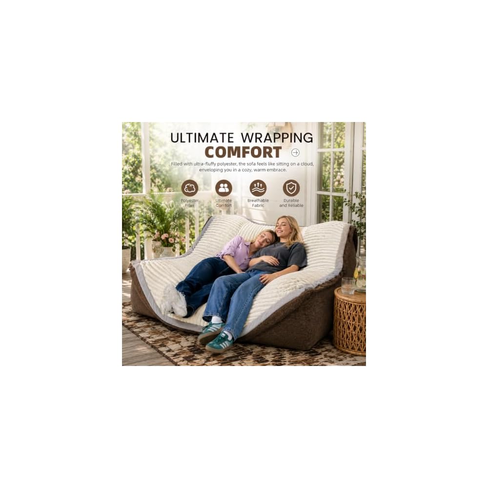 53" Oversized Cloud Lounge Sofa for Adults, Soft Floor Couch with Chaise, Cozy Deep Seat Modular Sofa for Living Room, Bedroom & Movie Room, Fluffy Faux Fur Bean Bag Couch, Cream Ivory