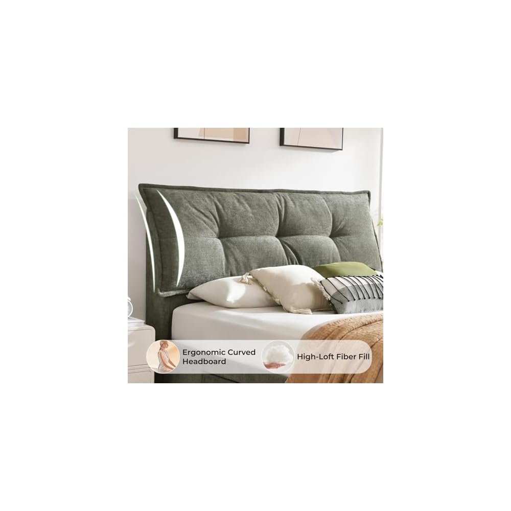 Full Size Upholstered Bed Frame with 2 Drawers Storage, Platform Bed with Soft & Cushioned Headboard, Sturdy Wood Slats, Underbed Storage, No Box Spring Needed, Sage Green
