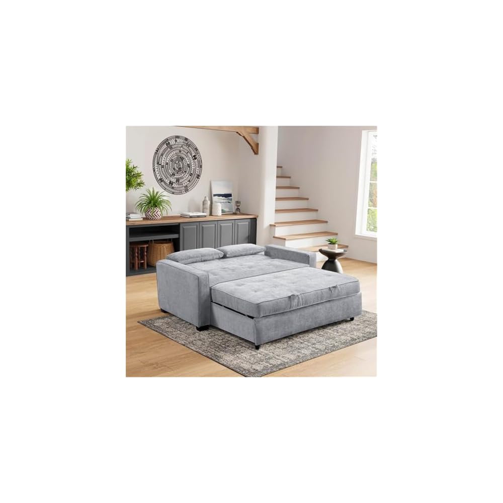 Ainsley 66.5" Convertible Sleeper Loveseat, Full Size, Dreamcoil Comfort, Soft Woven Fabric, Light Grey