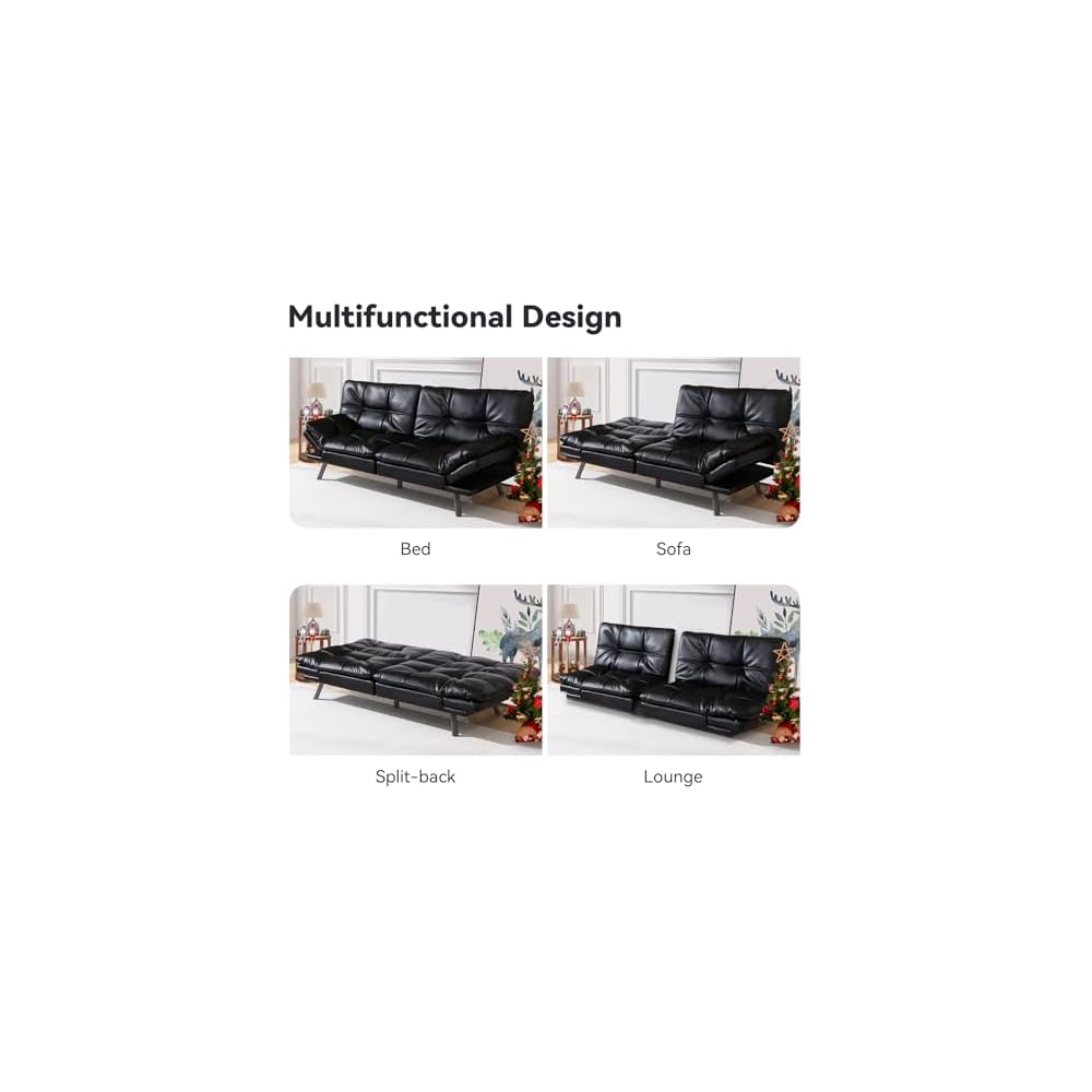 Multifunctional Futon Sofa Bed,Convertible Sleeper Futon Couch,Memory Foam Loveseat Sofa Bed,Small Splitback Faux Leather Modern Sofa for Living Room,Office,Apartment,Light Black